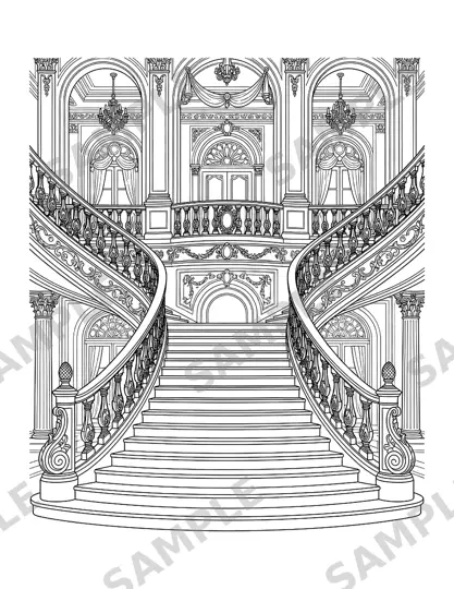 Sample page: a grand hotel staircase under a chandelier