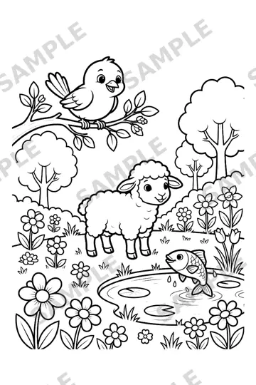 Sample page: a lamb and a bird in a sunny meadow