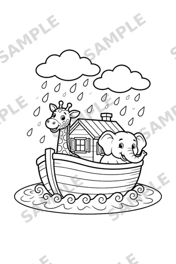Sample page: Noah’s ark with animals in the rain
