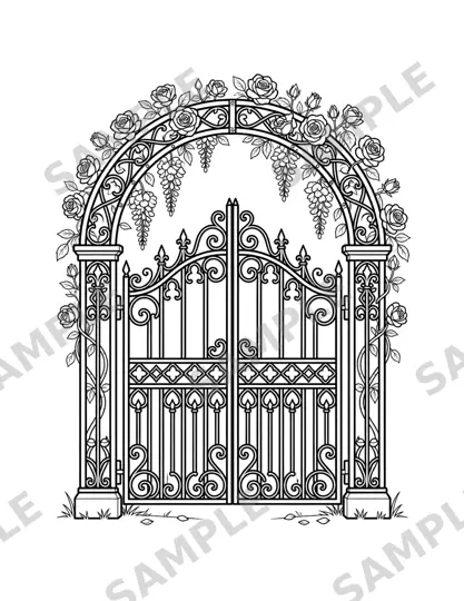 Sample page: an ornate iron garden gate wrapped in roses