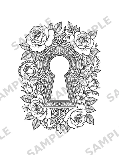 Sample page: a keyhole framed by roses and leaves